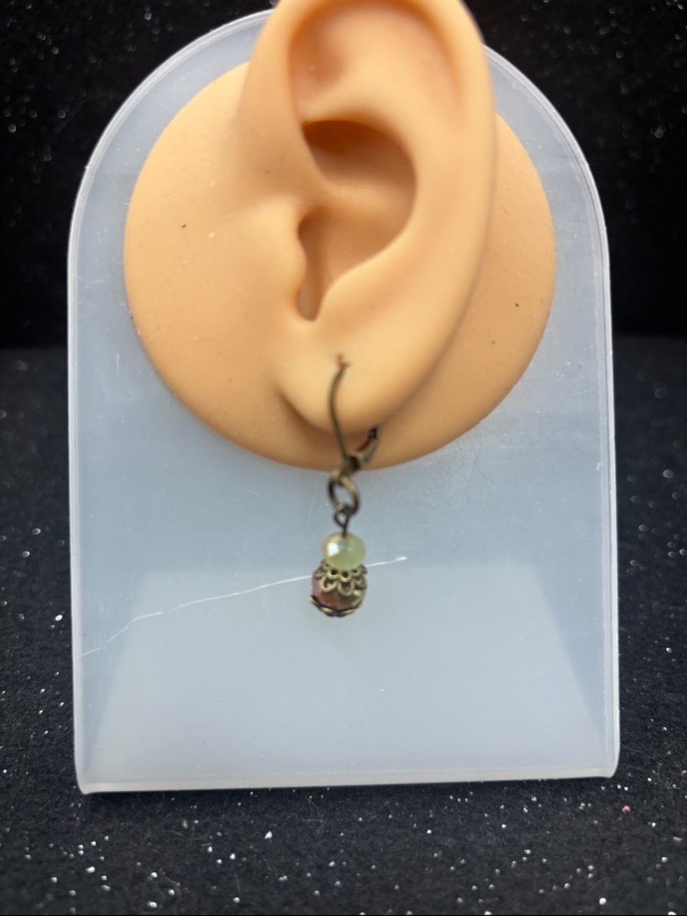 Antique Gold Green & Amber Beaded Dangle Earrings - Picture 3 of 4